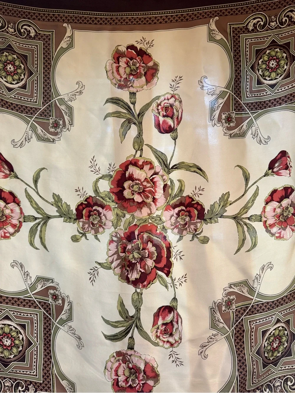 Vintage Estee Lauder 100% Silk Floral Brown & Cream Color Scarf Size-30.5x31